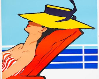 May include: Vintage travel poster with the words "relax..." in blue script. A person wearing a yellow hat and a red and white striped top reclines on a red lounge chair. The poster promotes Compagnie Maritime des Chargeurs Reunis.