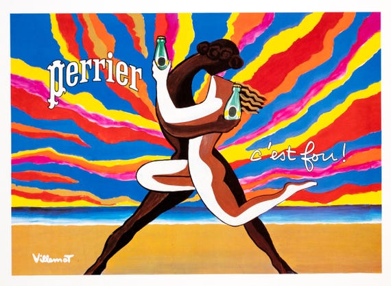 Perrier the Kiss by Villemot Original Vintage French Drinks Poster