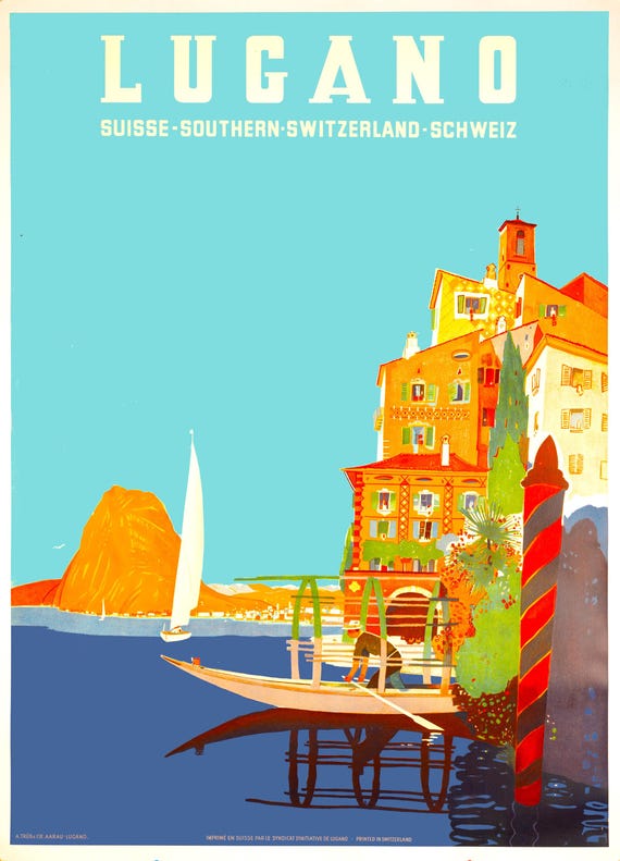 Original Lugano Swiss Travel Poster: 1950s Vintage Stone