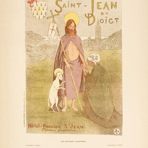 May include: A vintage poster advertising the Hotel Pension Saint-Jean du Doict. The poster features a depiction of Saint John the Baptist, a lamb, and a woman kneeling before him. The poster is in a muted color palette of browns, yellows, and greens.