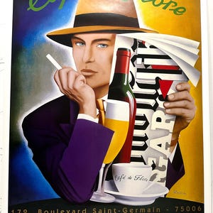 Cafe de Flore van Razzia Originele vintage 1990 middelgrote handgesigneerd door de kunstenaar Gérard Coubouleix-Dénériaz