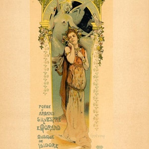 Könnte beinhalten: Ein Vintage-Plakat, das ein Theaterstück namens "Oessalune" von Armand Silvestre und Edouard Morand mit Musik von Isidore de Lara bewirbt. Das Plakat zeigt eine Frau in einem langen, fließenden Kleid, die vor einem blauen und grünen Hintergrund mit einem floralen Design steht. Der Text "Vous j'entends mon appel" ist am unteren Rand des Plakats gedruckt.