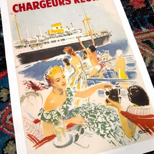 Cartel de viaje francés Chargeurs Reunis de Brenet CARTEL VINTAGE original sobre lino 15,5 x 23,75