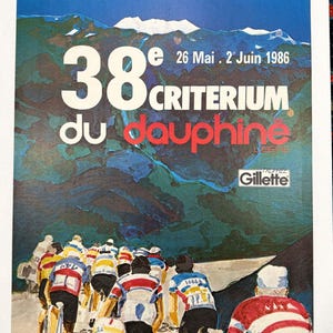 Cartel de carrera ciclista poco común Dauphine Libere 1986 Bernard Hinault Ciclismo francés