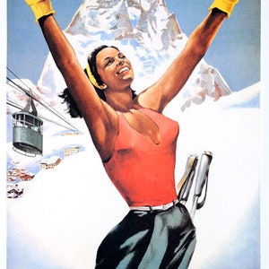 Italian Ski poster for Cervinia by Musati on linen later printing