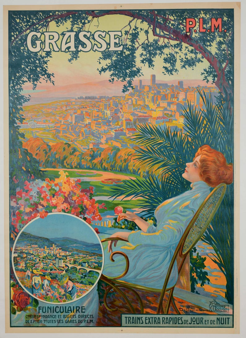 David Dellepianne Grasse c. 1900 Raro cartel de viaje francés original de época Art Nouveau imagen 1