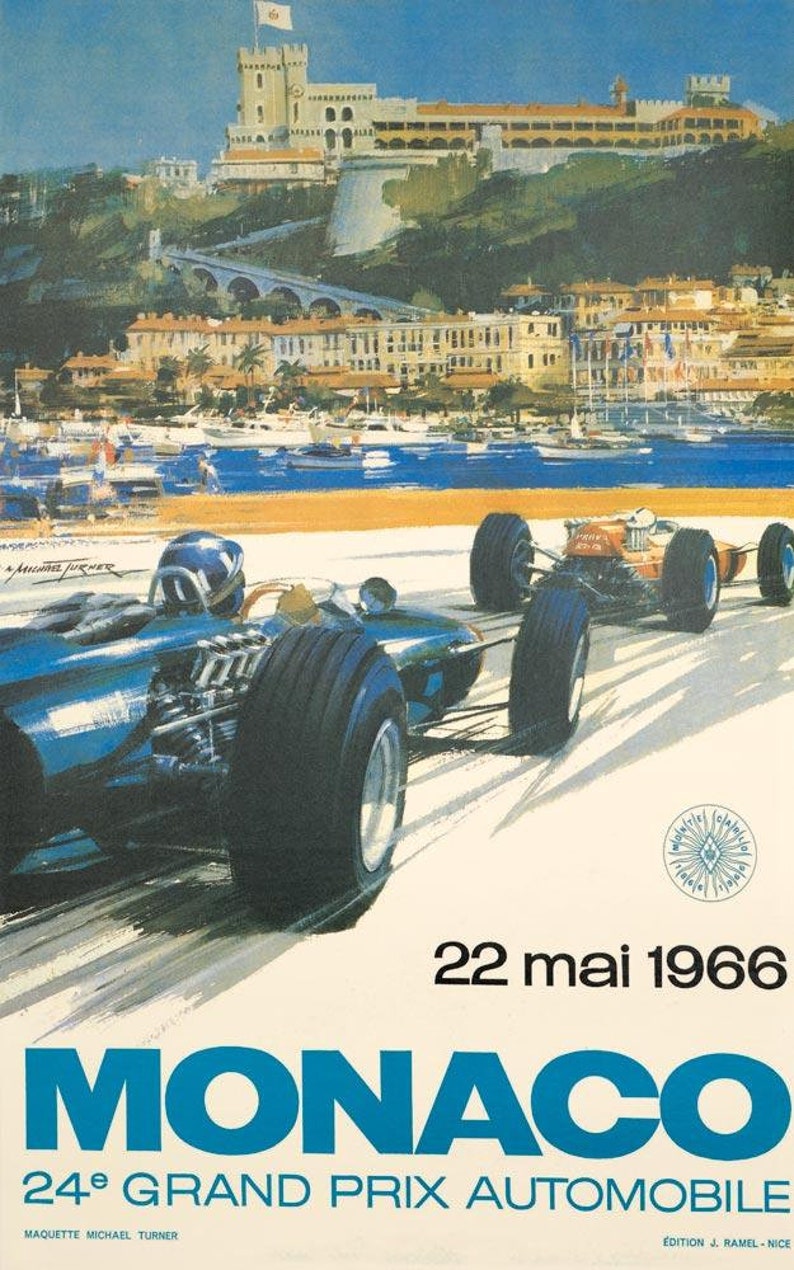 Monaco Grand Prix 1966 Poster Mounted on Linen Micheal Turner Etsy