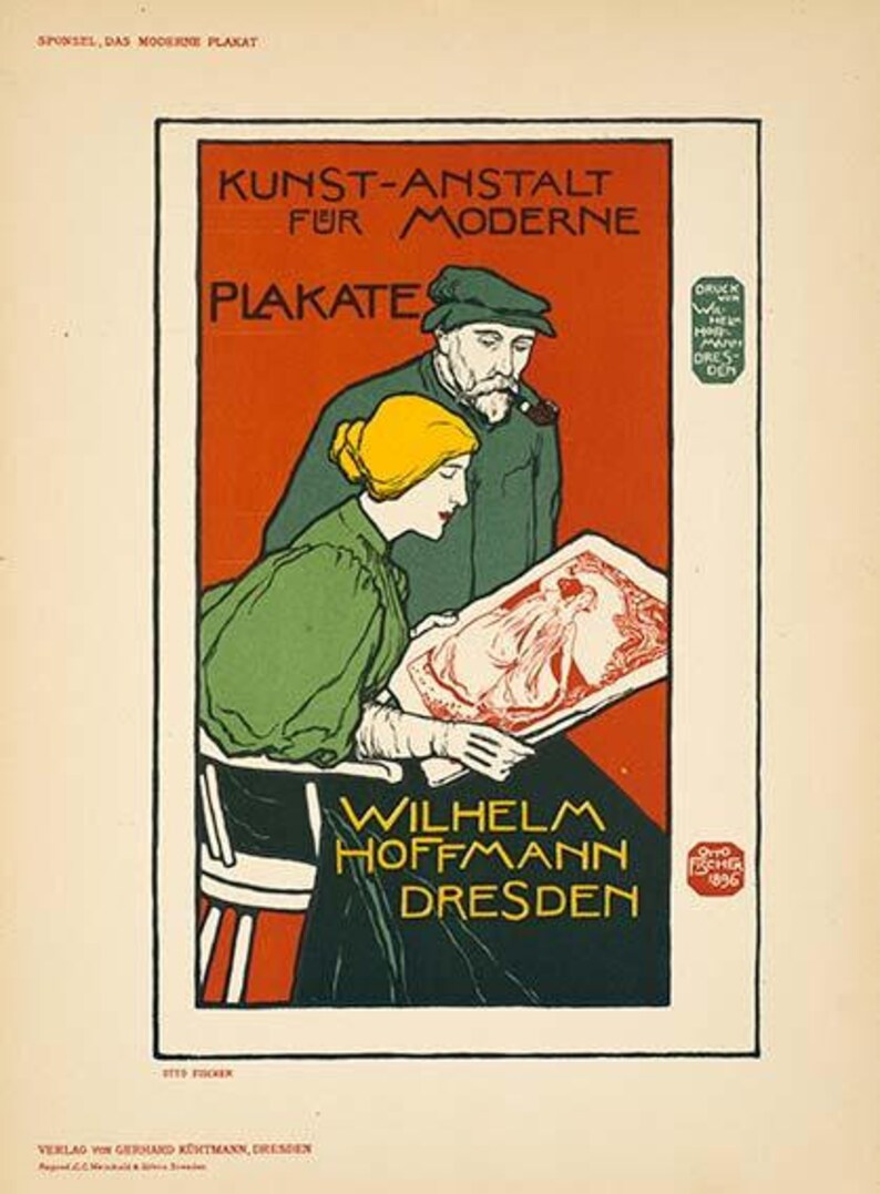 May include: A vintage poster advertising an art studio for modern posters. The poster features a man and a woman looking at a poster design. The text on the poster reads "Kunst-Anstalt fur Moderne Plakat" and "Wilhelm Hoffmann Dresden".