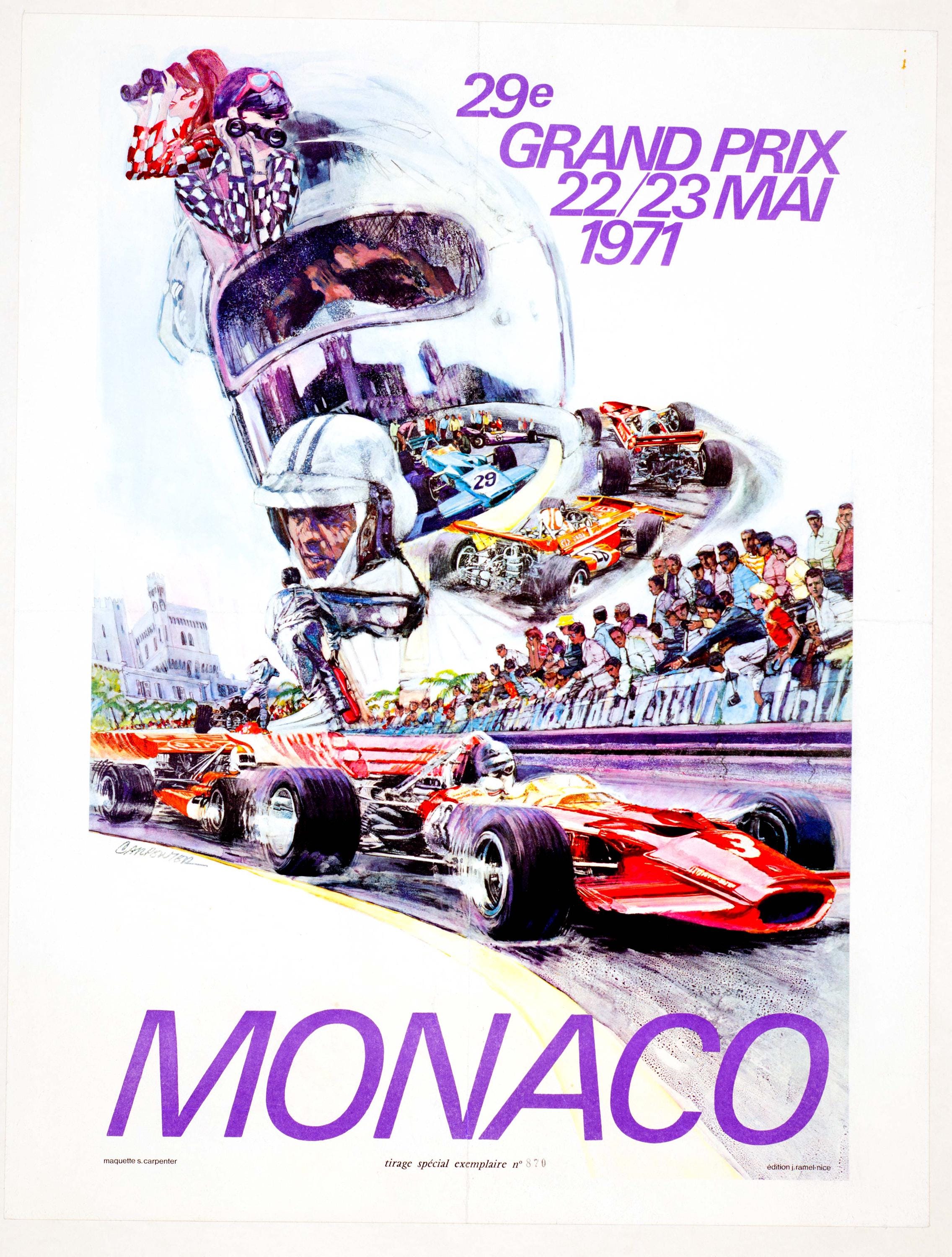 1971 Monaco Grand Prix Poster by Steve Carpenter: Linen VIP