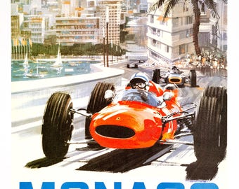 Poster del 23° Gran Premio di Monaco 1965 di Michael Turner su lino Edizione J Ramel Nice