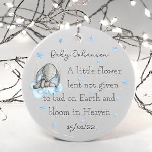 Regalo commemorativo personalizzato per la perdita di un neonato, un piccolo fiore, Quaresima non data, decorazione da appendere in ceramica con un grazioso disegno di un angelo elefante.