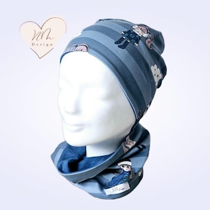 Beanie Loop Set Girls / Hat Lined / Transition Set Beanie and Neck Loop / Winter Girl Pattern / Striped Petrol / Handmade Hat