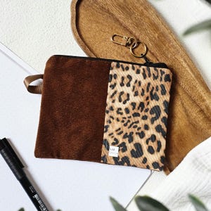 Geldbeutel Leopard | Täschchen Cord braun, kleines Portmonnaie, Schlüsselring Tasche, handgemachtes Etui, Reißverschlusstasche, Reisebeutel