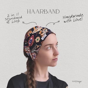 Könnte beinhalten: Ein dunkel gemustertes Haarband mit orangefarbenen, weißen und rosa Blumen. Der Text "HAARBAND" befindet sich über dem Haarband. Das Haarband ist mit "2 in 1! Stirnband & Loop" und "Handmade with Love!" beschriftet.