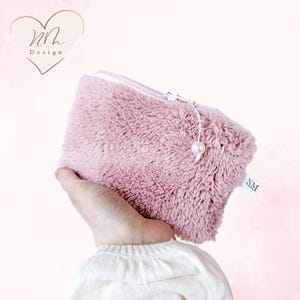 Piccola borsa cosmetica in peluche rosa, astuccio per il trucco, borsetta rosa antico, astuccio con fodera interna, 16 x 10 cm, fatto a mano, regalo per la fidanzata