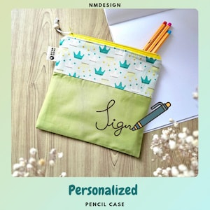 Trousse enfant personnalisée, trousse plate en coton, pochette vert clair, motif mignon, cadeau pour écoliers