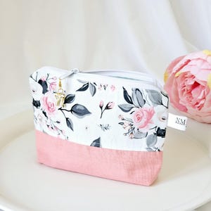 Bolsa de maquillaje con flores rosas • Bolsa de maquillaje pequeña, bolsa con forro de algodón, bolso estético, hecho a mano, regalo para novia