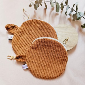 Monedero de pana / estuche redondo, billetera, monedero marrón, marrón camel beige verde, bolso hecho a mano, idea de regalo hecho a mano