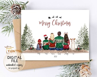 Familien Illustration Weihnachtskarte - Individuelle Familien Weihnachtskarte - Personalisierte Weihnachtskarte - Einzigartige Weihnachtskarte