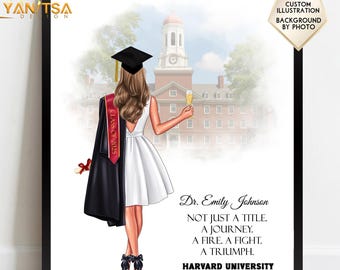 PhD-Abschlussgeschenk für sie, benutzerdefinierte Doktorandenporträts, personalisierte graduierte Kunst, Klasse von 2025 Geschenk, Frau graduierte Illustration