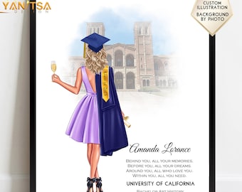 May include: A graduation illustration of a woman in a purple dress and blue cap and gown, holding a glass of champagne. The background is a watercolour illustration of a university building. The text reads "Class of 2023", "Amanda Lorance", "Behind you, all your memories. Before you, all your dreams. Around you, all who love you. Within you, all you need.", "University of California", and "Bachelor Art History".