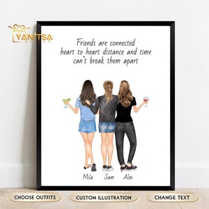 Long Distance Friendship Art Print - Gift For Far Away Friends - Custom Friendship Illustration - Unique Long Distance Present for Friends