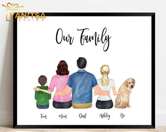 May include: A watercolor illustration of a family with a dog. The family is standing in a line, with the father in the middle, the mother to his left, the son to his left, and the daughter to his right. The dog is standing in front of the daughter. The illustration is on a white background with the text "Our Family" at the top.