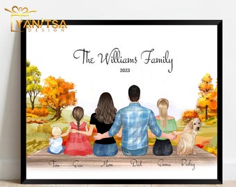 May include: A framed family portrait featuring six figures and a dog, seated on a wooden dock. The text "The Williams Family 2023" is displayed above the figures. The image includes the text "CHOOSE OUTFITS", "CUSTOM ILLUSTRATION", and "CHANGE TEXT".