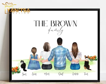 May include: A watercolor illustration of a family of five with two dogs. The family is standing in a field with flowers. The text "THE BROWN family" is at the top of the image.