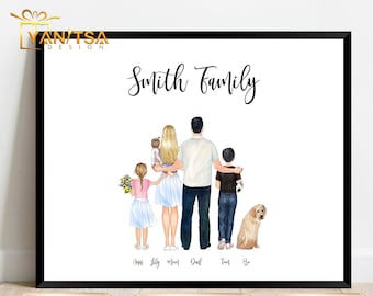 May include: A watercolor illustration of a family of five with a dog. The family is standing in a line, with the father in the middle, the mother to his right, and the three children to his left. The children are holding flowers and a soccer ball. The dog is a golden retriever and is sitting in front of the family. The text "Smith Family" is written at the top of the illustration.