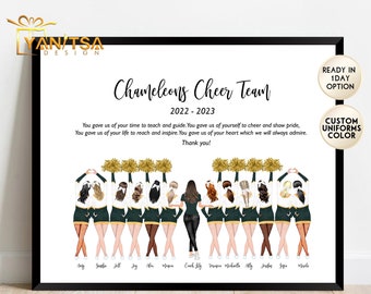 May include: A digital illustration of a cheerleading squad with green and gold uniforms. The text "Chameleons Cheer Team 2022-2023" is at the top of the image. The text "You gave us of your time to teach and guide. You gave us of yourself to cheer and show pride, You gave us of your life to reach and inspire. You gave us of your heart which we will always admire. Thank you!" is below the cheerleaders.