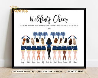 May include: A printable cheerleading squad poster with a blue and white color scheme. The poster features a group of 11 cheerleaders in uniform with pom-poms. The text on the poster reads "Wildcats Cheer" and "A coach is someone that sees beyond your limits and guides you to greatness".