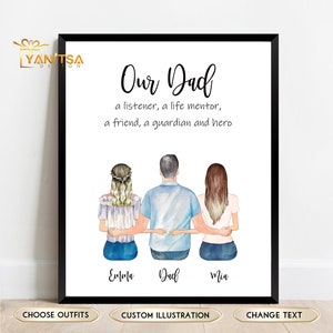 Illustration personnalisée père et fille - cadeau d'anniversaire pour papa - cadeau papa des filles - cadeau papa personnalisé des filles - art mural