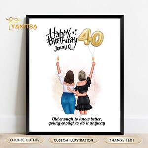 40e verjaardagscadeau voor vrouw - gepersonaliseerde verjaardagsillustratie - gepersonaliseerde 40e verjaardagskaart - cadeau voor 40e verjaardag - aangepaste afdruk