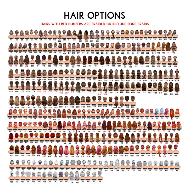 May include: A chart titled "HAIR OPTIONS" displays numerous illustrations of hairstyles. The text indicates that hairstyles with red numbers include braids. The image showcases a variety of hair colors and styles, from short bobs to long flowing locks, for personalization.