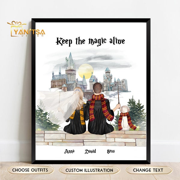 Custom Wizards Couple Illustration - Wedding Gift - Personalized Wedding Gift - Wizards Fans Wedding Gift - Magic School Fans Gifts