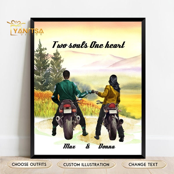 Motorcycle Fan Gift - Motorfiets Paar Illustratie - Biker Boyfriend Gift - Biker Vriendin Cadeau - Cadeau voor hem - Cadeau voor haar