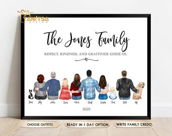 Individuelle Familien Illustration mit einem Familien Credo, das deine einzigartige Verbundenheit und Werte widerspiegelt - Familien Wand Kunst - Geschenk für Mama - Geschenk für Eltern