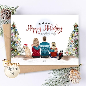 Carte de Noël personnalisée avec illustration de famille - carte de Noël personnalisée portrait de famille - sapin de Noël - thème forêt - neige et carte de famille