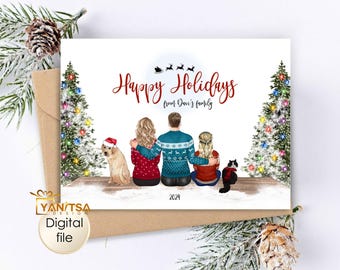 Benutzerdefinierte Familien Illustration Weihnachtskarte - Benutzerdefinierte Familien Porträt Weihnachtskarte - Weihnachtsbaum - Wald Thema - Schnee und Familienkarte