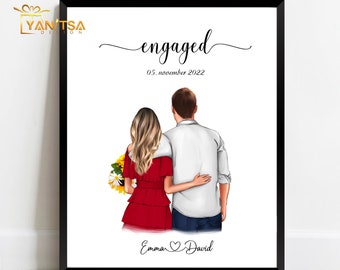 Personalisiertes PaarPortrait - Verlobungsgeschenk - Personalisiertes Geschenk für verlobte Paare - Personalisierter Druck - Geschenk für verlobte Paare - Wandkunst