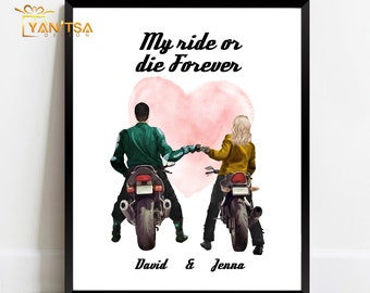 Personalisierte Motorrad Paar Illustration - Biker Geschenk für Ihn - Biker Geschenk für Sie - Biker Geburtstagsgeschenk - Biker Valentinstag Geschenk