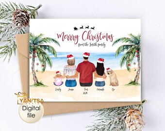Cartão de Natal Tropical Personalizado - Cartão de Natal com Ilustração de Família Tropical - Cartão de Natal com Palmeira Cartões de Natal Cartão de Natal da Flórida