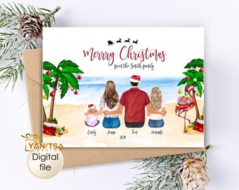 Cartão de Natal Tropical Personalizado - Cartão de Natal com Ilustração de Família Tropical - Cartão de Natal com Palmeira Cartões de Natal Cartão de Natal da Flórida
