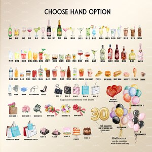 May include: An illustration featuring a variety of drink options, food items, and accessories. Includes champagne bottles, cocktails, fast food, desserts, shopping bags, and bouquets. Text reads "CHOOSE HAND OPTION".