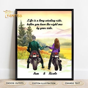 Motorbike Couple Personalized Illustration - Valentines Gift for Biker - Couple Biker Gift - Motorbiker Gifts for Men