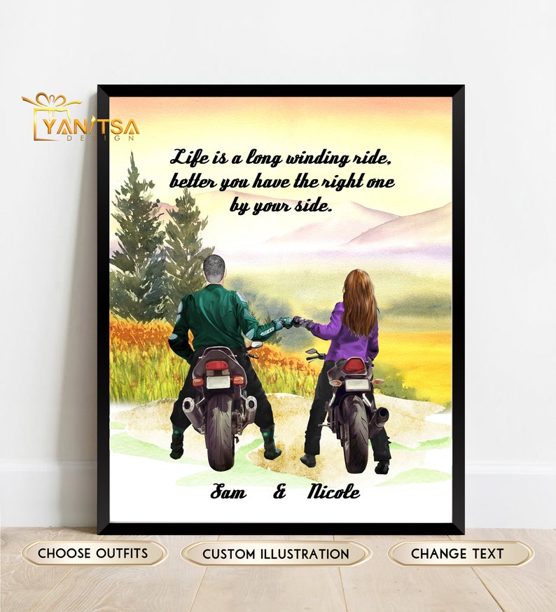 Motorrad Paar Personalisierte Illustration Valentinstag Geschenk für Biker MotorradFahrer Geschenk Motorrad Geschenk für Männer Bild 1