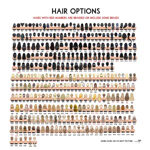 May include: A chart displaying various hair options for customization. The image features numerous illustrations of hairstyles, each numbered for easy selection. The text "HAIR OPTIONS" is at the top, with a note indicating braided styles. The image is designed for personalization.