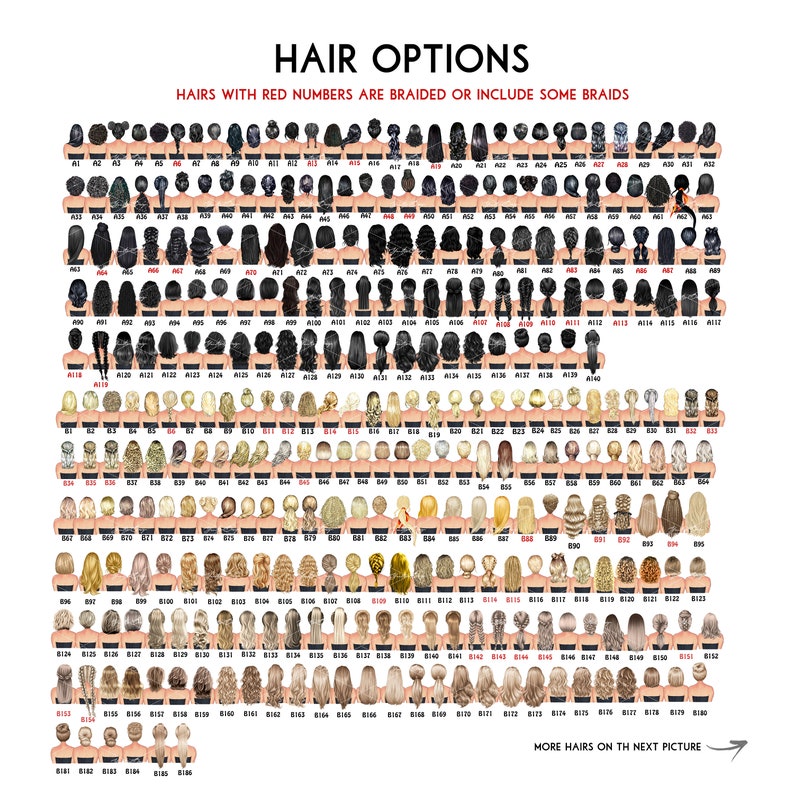 May include: A chart displaying various hair options for customization. The image features numerous illustrations of hairstyles, each numbered for easy selection. The text "HAIR OPTIONS" is at the top, with a note indicating braided styles. The image is designed for personalization.