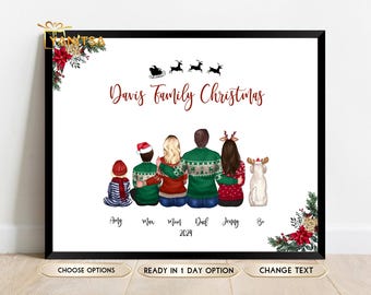 May include: A personalised Christmas card featuring a family of five, including a dog, wearing matching jumpers. The card says "Davis Family Christmas" and includes the names of each family member and the year 2024.